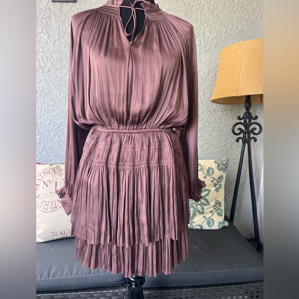 Pleated Long-Sleeve Mini Dress in Mauve